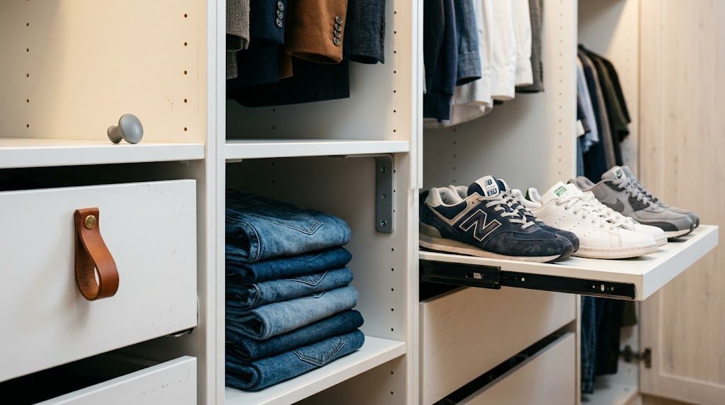 Close-up of IKEA PAX closet upgrades including leather drawer pull, reinforced shelf with metal bracket, and pull-out shoe tray with sneakers.
