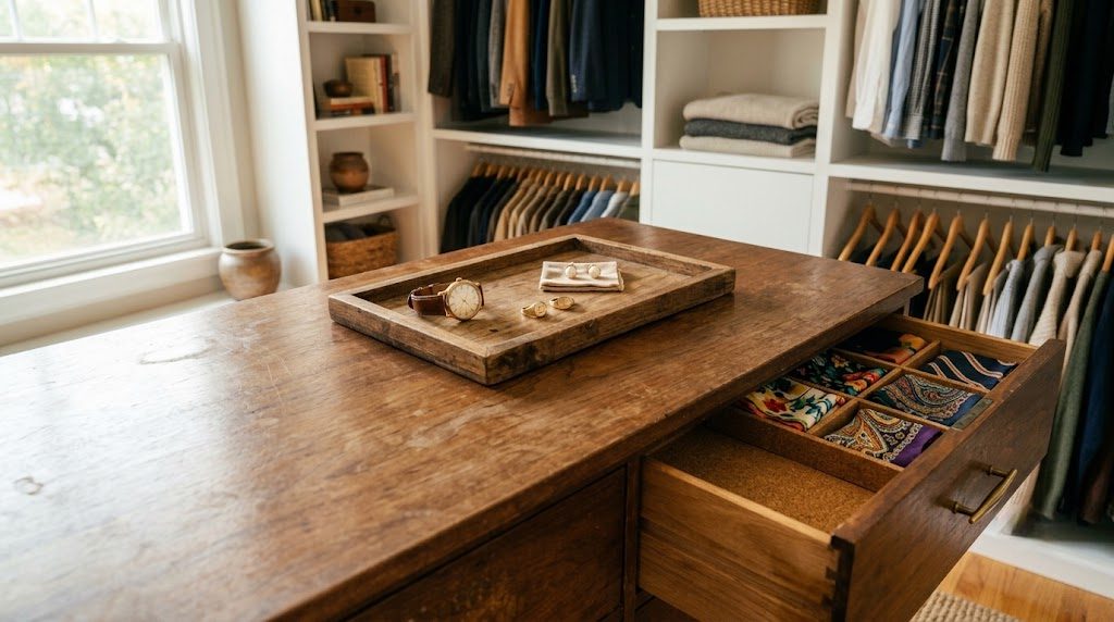 Vintage mid-century walnut dresser used as a closet island, with jewelry tray on top and a cork-lined drawer open showing organized silk scarves.