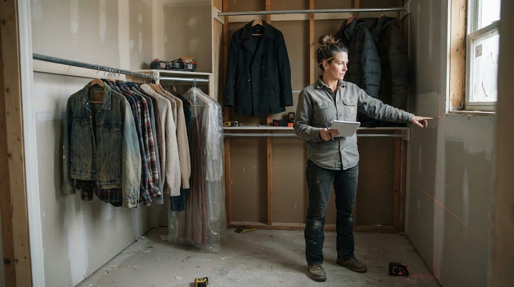 Real Wardrobe Inventory Before Closet Design A woman inventorying her wardrobe inside a half-built closet, holding a notepad and using a laser measure, with real clothes on temporary rods.
