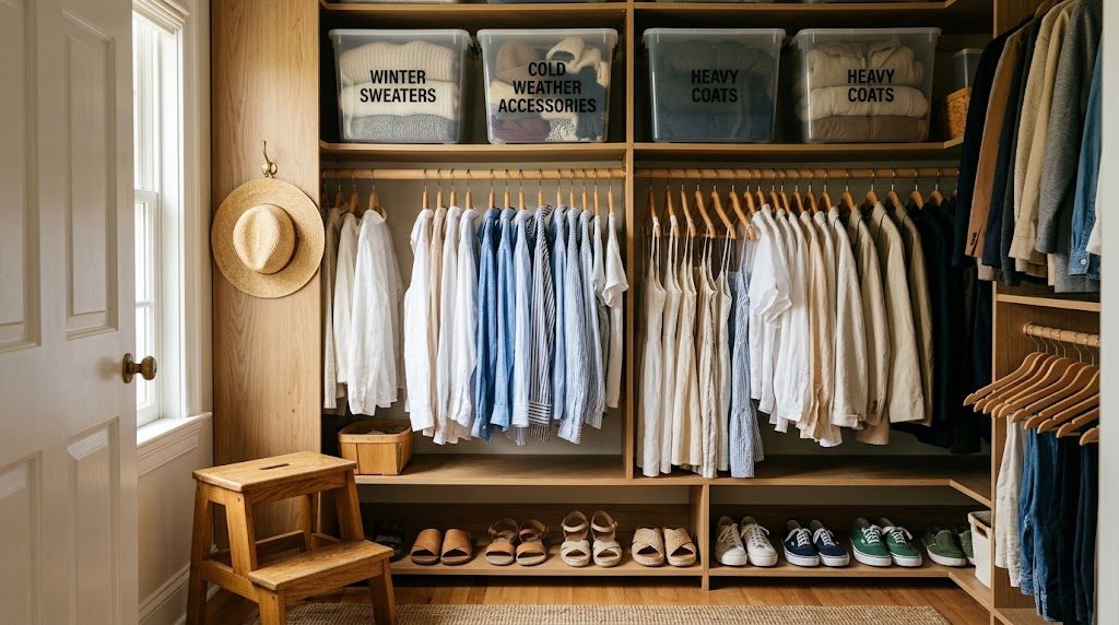 Seasonal Closet Rotation Zone System Closet interior with clear labeled bins on top shelves for off-season storage, summer clothing on mid-level rods, and sandals on lower shelves, with a step stool nearby.