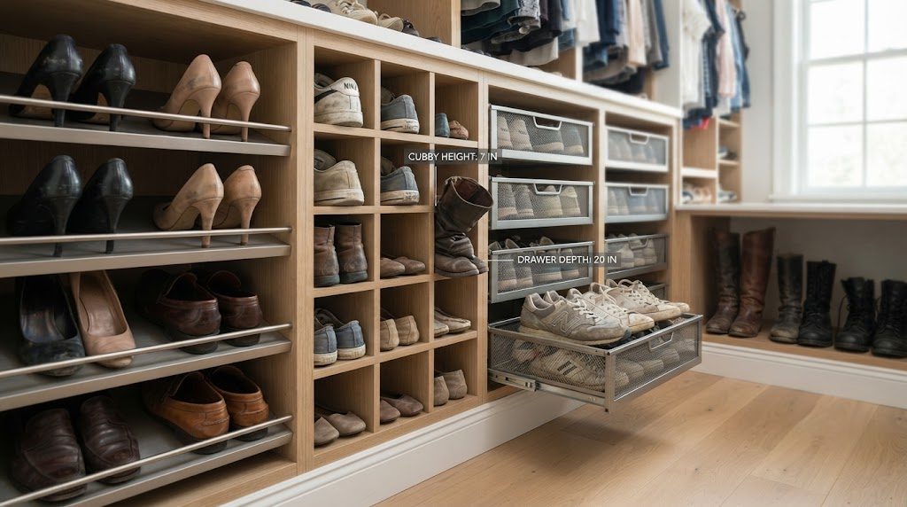 Shoe Storage Types Comparison Slanted Cubbies Pull-Out Floor Shelf Four shoe storage types compared — slanted shelves, cubbies, pull-out rack, and floor-level open shelf — with real shoes and dimension callouts showing fit issues.