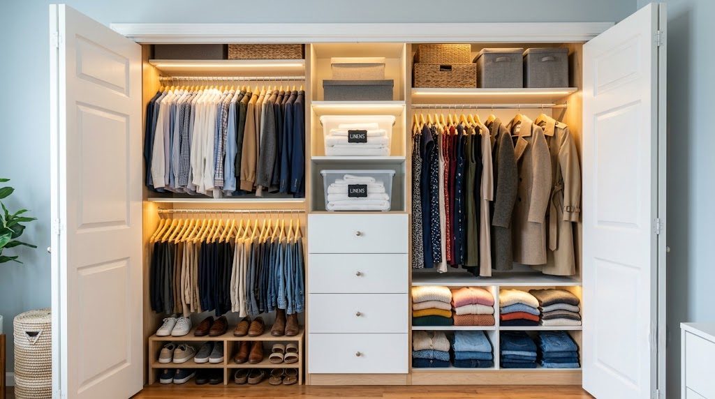 Interior of a fully organized 6-foot double-door reach-in closet with double hanging rods, center drawer stack, long-hang section, open shelving, and integrated LED lighting.