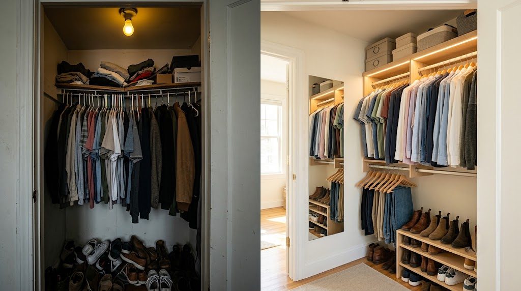 OKC Bungalow Closet Before and After Transformation Before and after comparison of an Oklahoma City bungalow closet transformation from dark wire-shelf chaos to a bright, organized built-in closet with lighting and mirror.