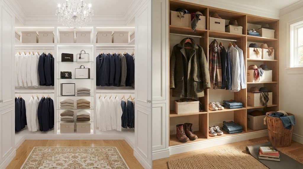 Fantasy vs Reality Closet Comparison Side-by-side comparison of a fantasy closet photo versus a real, functional closet with natural light and everyday items.