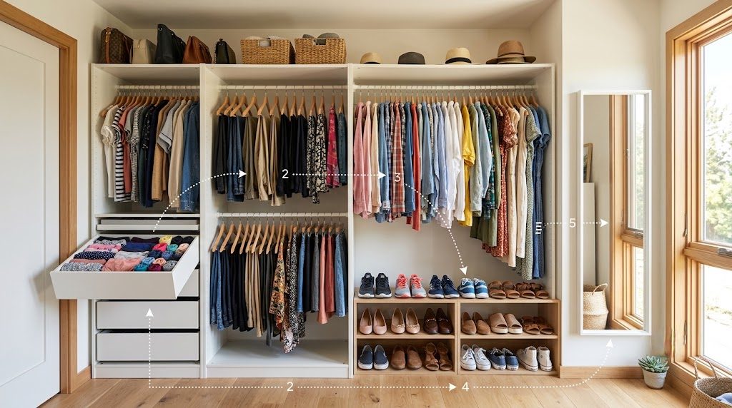 A closet wall organized in getting-ready sequence from underwear drawer to pants rod to shirt rod to shoe shelf to full-length mirror, with a dotted line tracing the path.