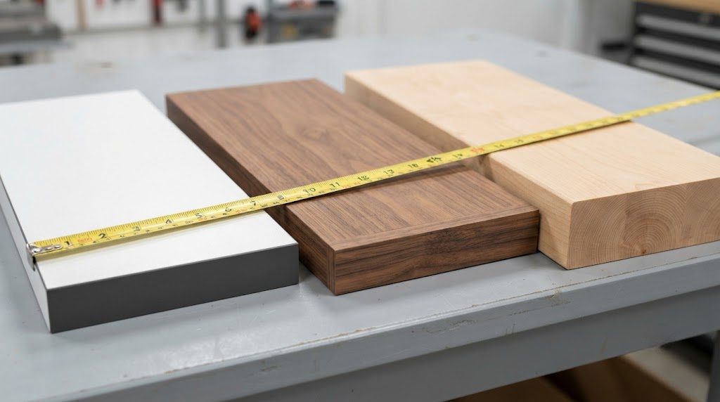Melamine Veneer Solid Wood Shelf Material Comparison Close-up comparison of melamine, wood veneer, and solid wood closet shelf materials showing edge band quality and surface grain.