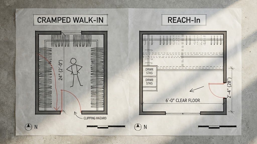 Walk-In vs Reach-In Closet Layout Dimensions Floor plan comparison showing a cramped walk-in closet layout versus a spacious, efficient reach-in closet layout with dimensions labeled.