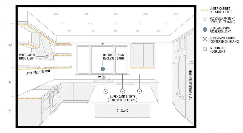 Closet Island Clearance Mistake Floor Plan Floor plan comparing a cramped 6x8 closet with a 24-inch island leaving only 12-inch aisles versus a corrected layout with no island and a clear 36-inch center aisle.