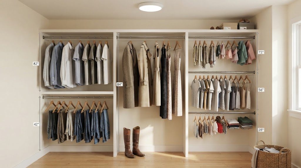 Double Hang Long Hang Triple Tier Closet Rod Layout A closet wall showing double-hang, long-hang, and triple-tier rod configurations with rod heights clearly marked, demonstrating how to maximize hanging space.