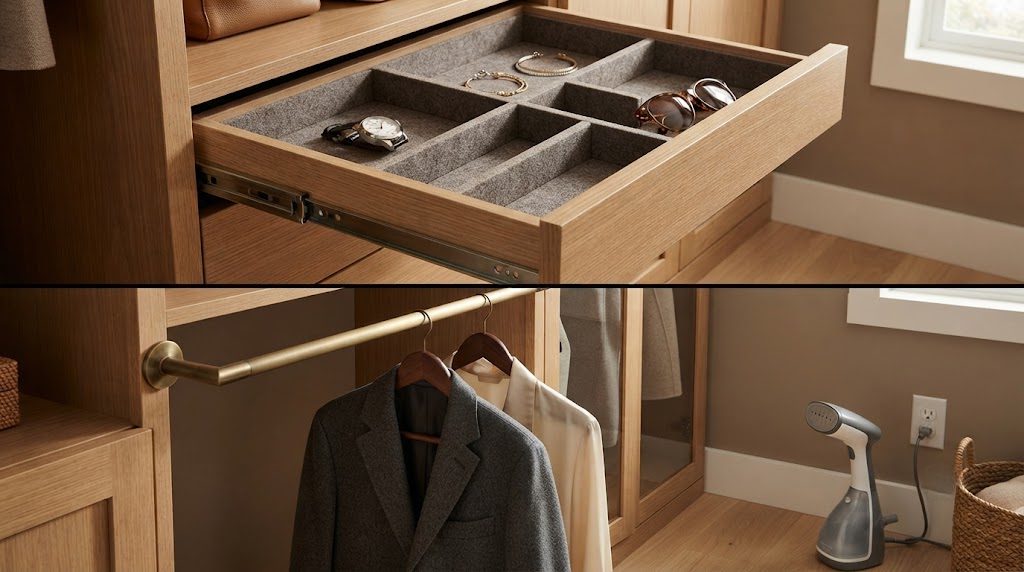 Best Closet Hardware Valet Rod Drawer Dividers Felt-lined adjustable drawer dividers holding accessories and a fixed brass valet rod with hanging clothes, demonstrating hardware worth buying.