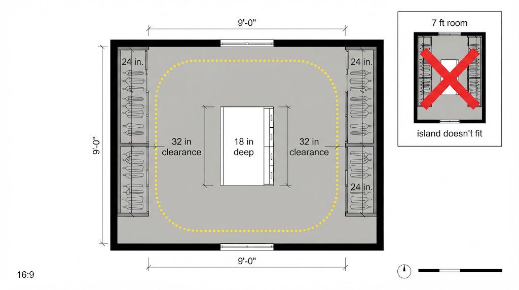 Closet Island Minimum Dimensions Floor Plan Overhead floor plan showing a properly sized closet island in a 9-foot-wide room with 32-inch aisles and drawers on one side, plus a warning callout for a too-narrow 7-foot room.