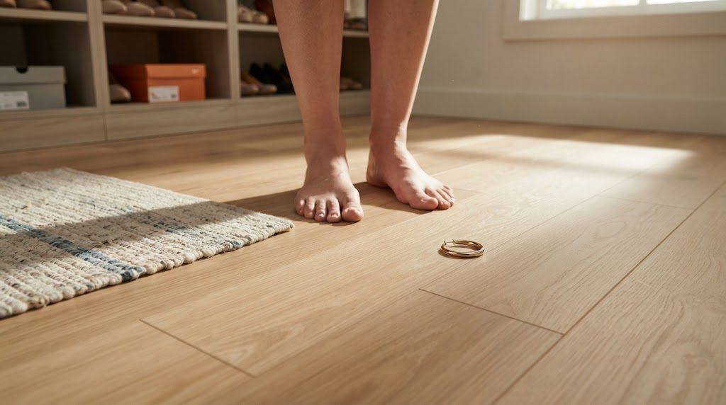 Bare feet on luxury vinyl plank flooring inside a closet, morning light, a small woven rug, and a visible dropped earring demonstrating easy cleanup.
