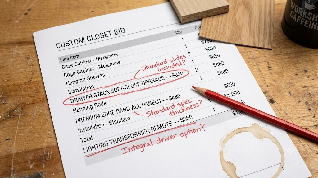 Annotated custom closet bid showing circled upcharge line items for drawer slides, edge banding, and lighting with red pencil questions in the margins.