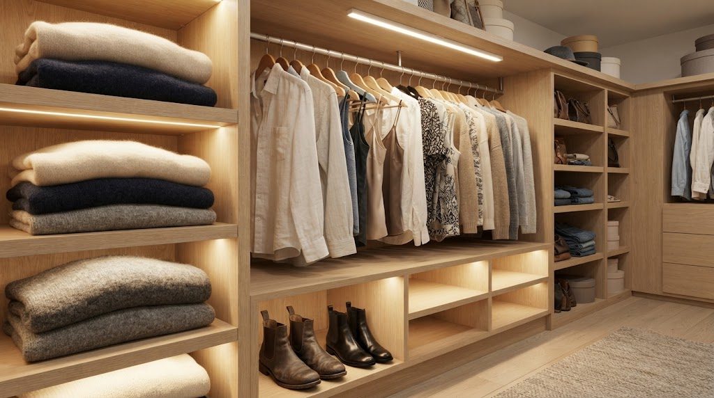 Closet Task Lighting Integrated LED Shelves A well-lit closet with integrated shelf lighting, rod lighting, and illuminated shoe cubbies, clearly showing garment colors without shadows.