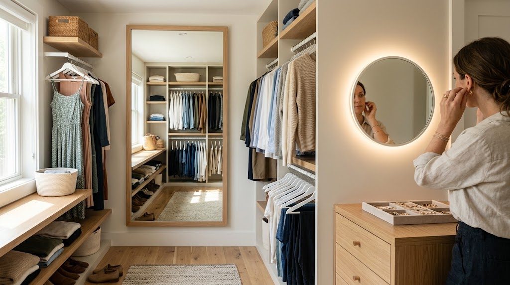  Full-length mirror mounted opposite a window for natural light, and a smaller backlit round mirror at face height near an accessories drawer, in a well-lit walk-in closet.