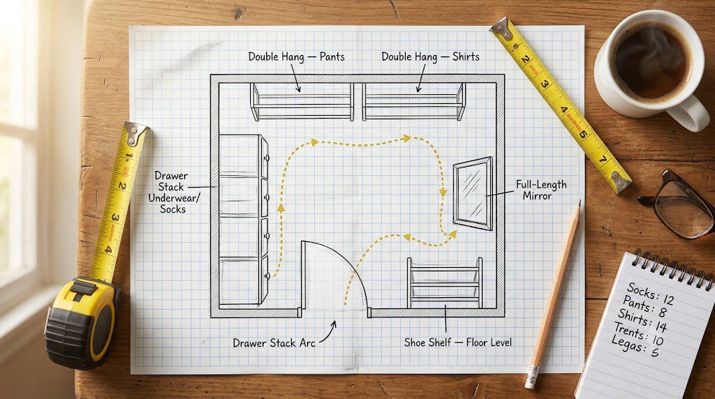 Hand-drawn closet floor plan on graph paper with dimensions, getting-ready circuit traced in yellow, and planning tools arranged nearby.