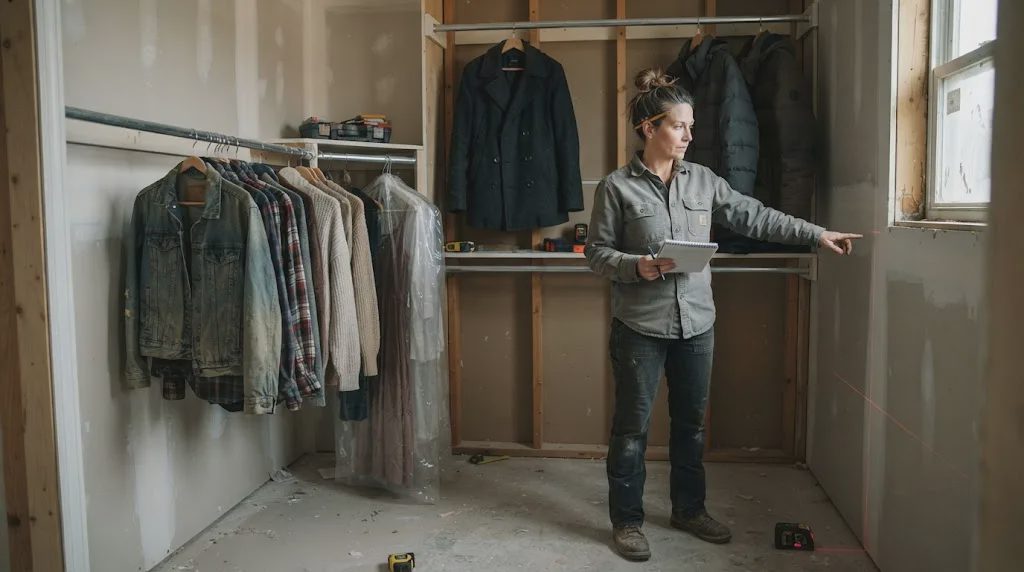 A woman inventorying her wardrobe inside a half-built closet, holding a notepad and using a laser measure, with real clothes on temporary rods.