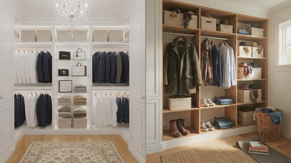 Side-by-side comparison of a fantasy closet photo versus a real, functional closet with natural light and everyday items.